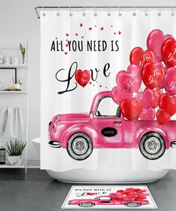 Romantic Valentine's Day Pink Truck Heart Balloon Shower Curtain for Bathroom 