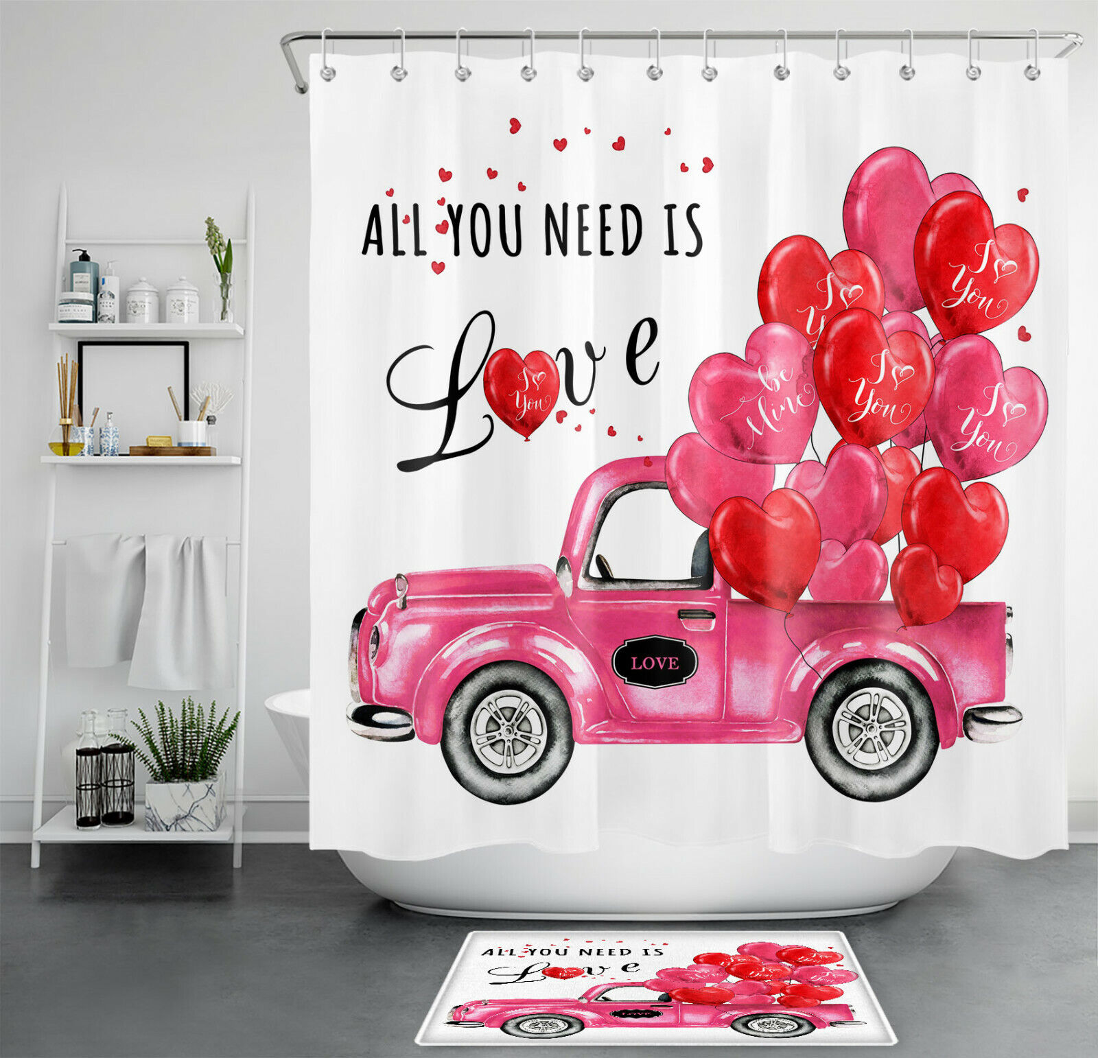 Romantic Valentine's Day Pink Truck Heart Balloon Shower Curtain for Bathroom