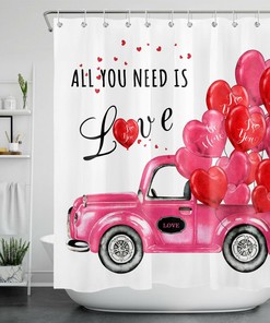 Romantic Valentine's Day Pink Truck Heart Balloon Shower Curtain for Bathroom