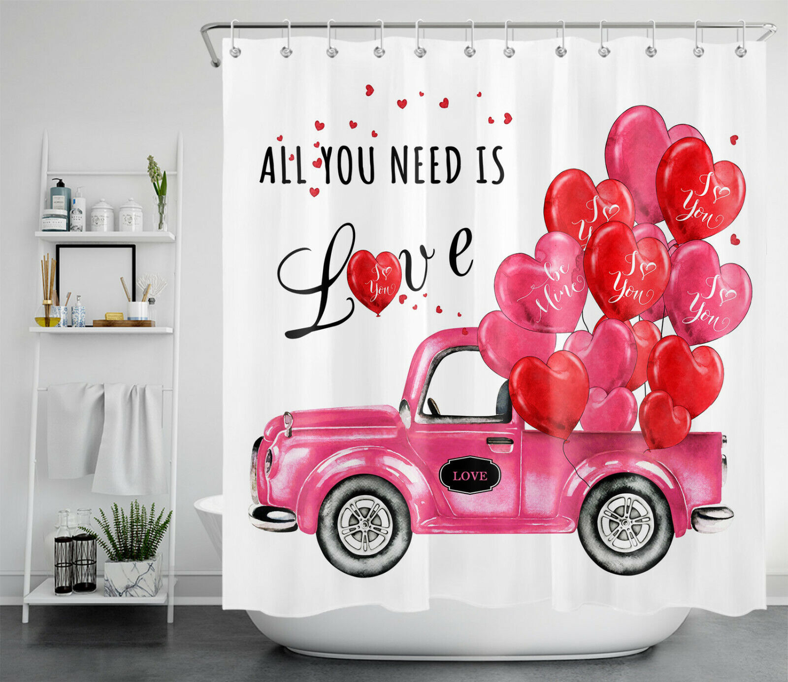 Romantic Valentine's Day Pink Truck Heart Balloon Shower Curtain for Bathroom