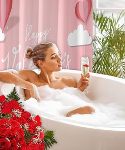 Romantic Valentine's Day Shower Curtain with Love Balloon and Heart Design for Bathroom Decor