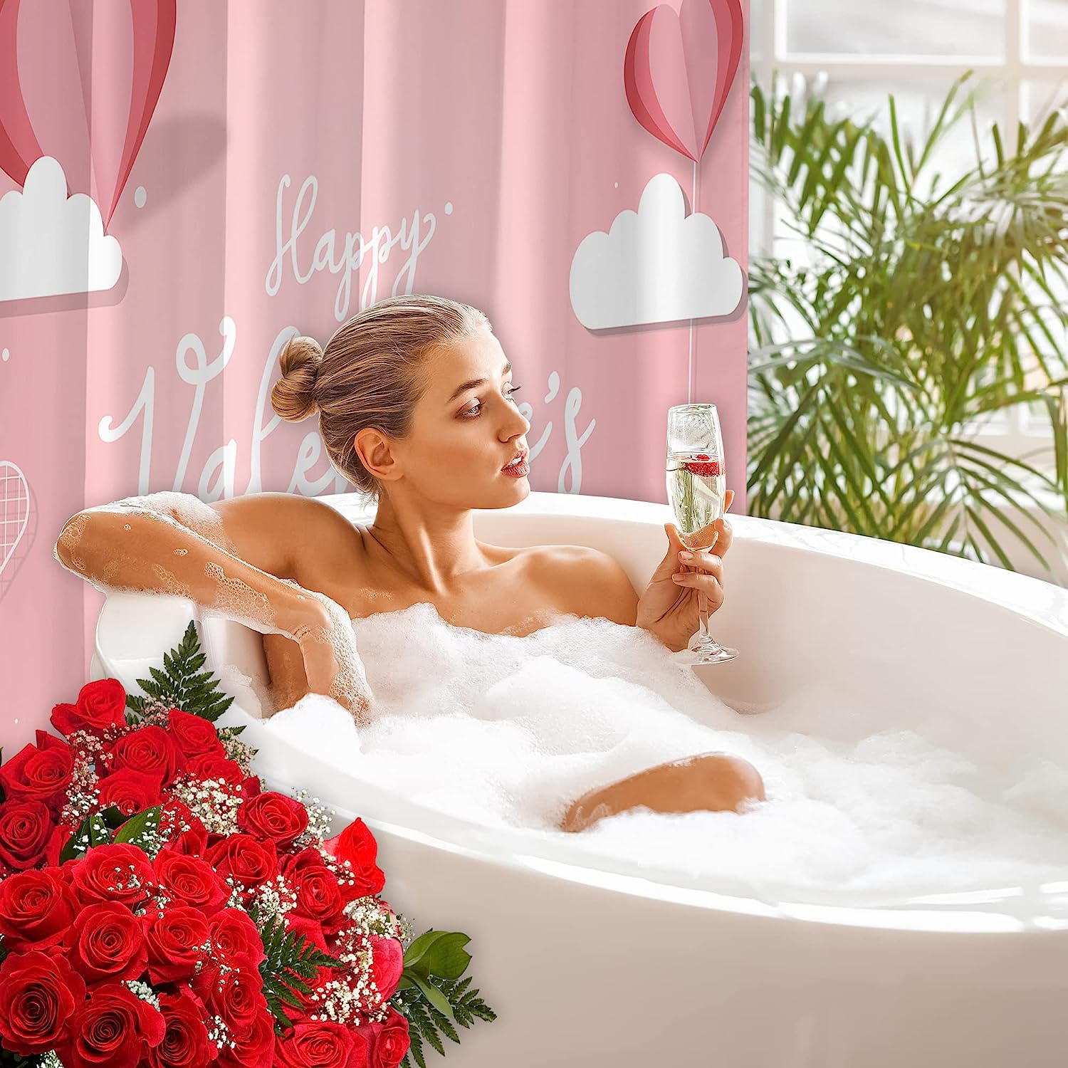 Romantic Valentine's Day Shower Curtain with Love Balloon and Heart Design for Bathroom Decor