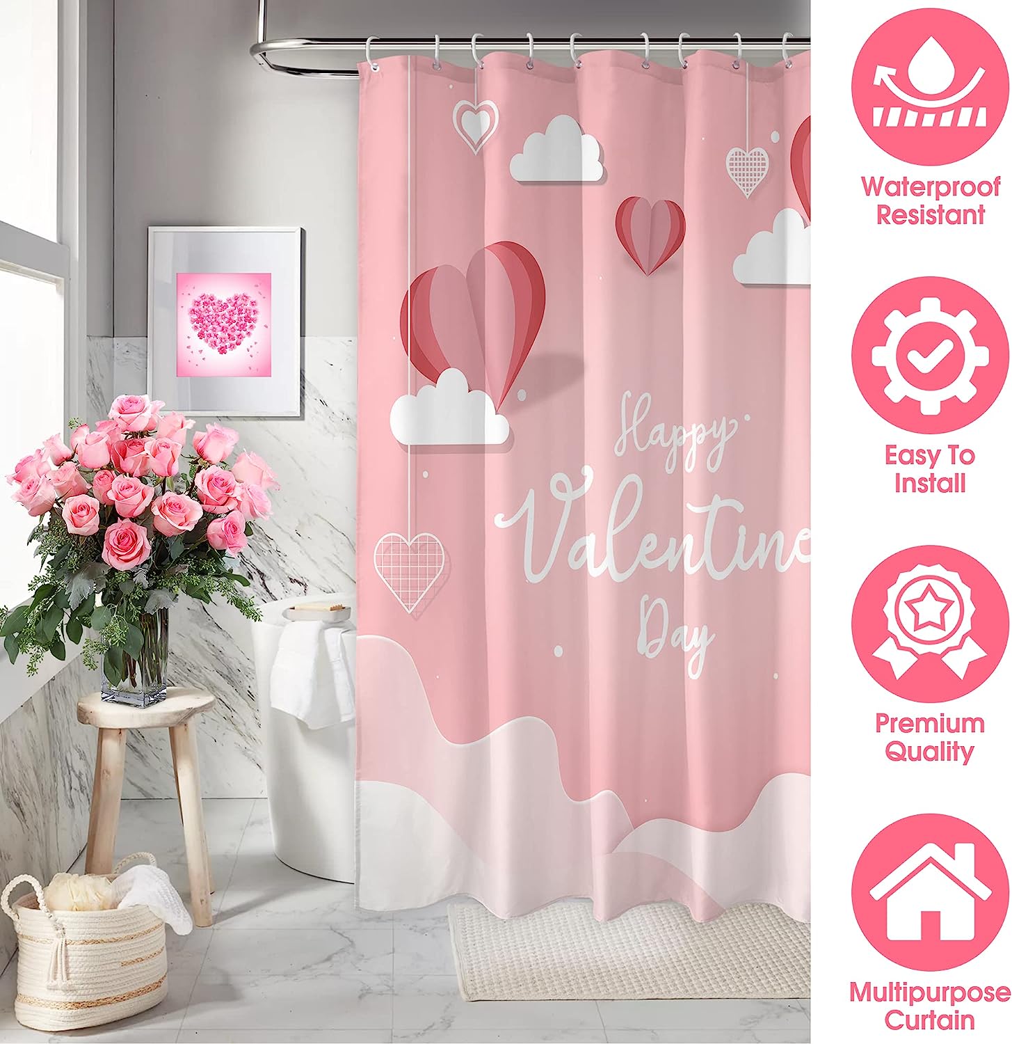 Romantic Valentine's Day Shower Curtain with Love Balloon and Heart Design for Bathroom Decor