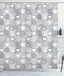 Romantic Valentines Hearts Geometric Shower Curtain, Grey And White Cloth Fabric Bathroom Decor By Ambesonne
