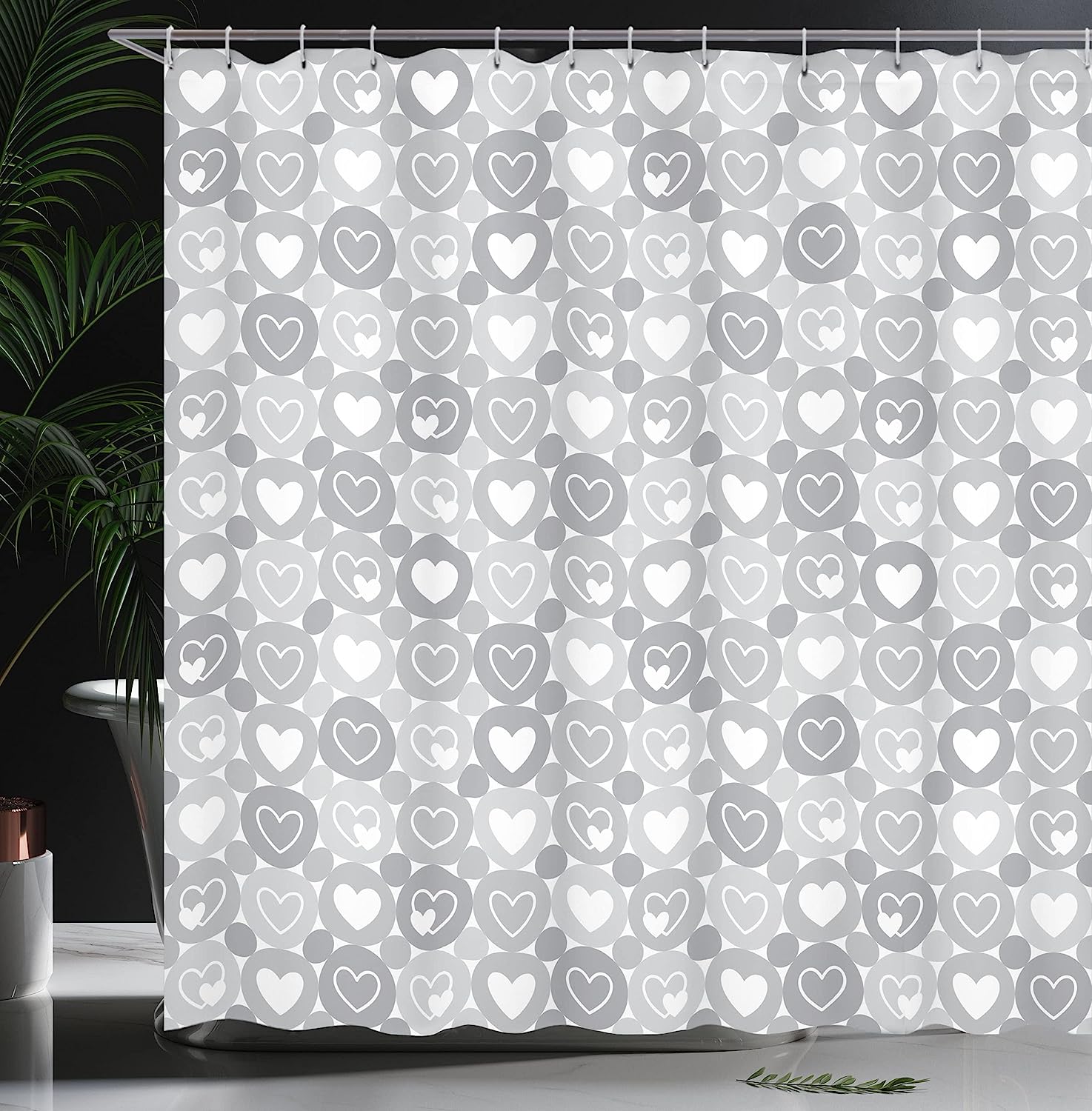 Romantic Valentines Hearts Geometric Shower Curtain, Grey And White Cloth Fabric Bathroom Decor By Ambesonne - Image 3