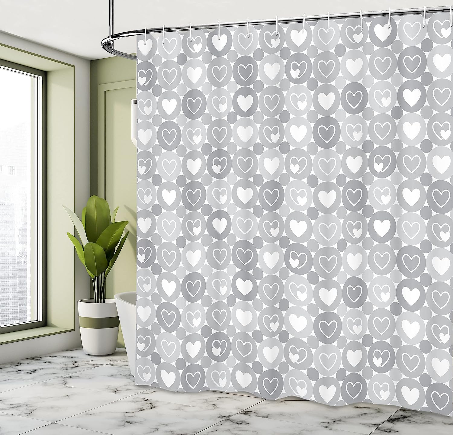 Romantic Valentines Hearts Geometric Shower Curtain, Grey And White Cloth Fabric Bathroom Decor By Ambesonne - Image 4