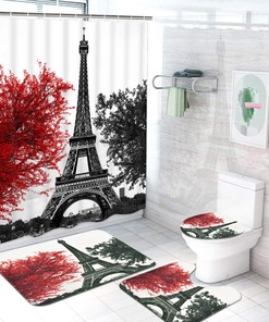 Romantic Vintage Paris Eiffel Tower Shower Curtain with Black and Red Art Tree Print