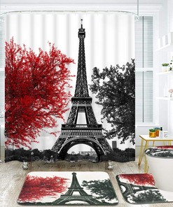 Romantic Vintage Paris Eiffel Tower Shower Curtain with Black and Red Art Tree Print