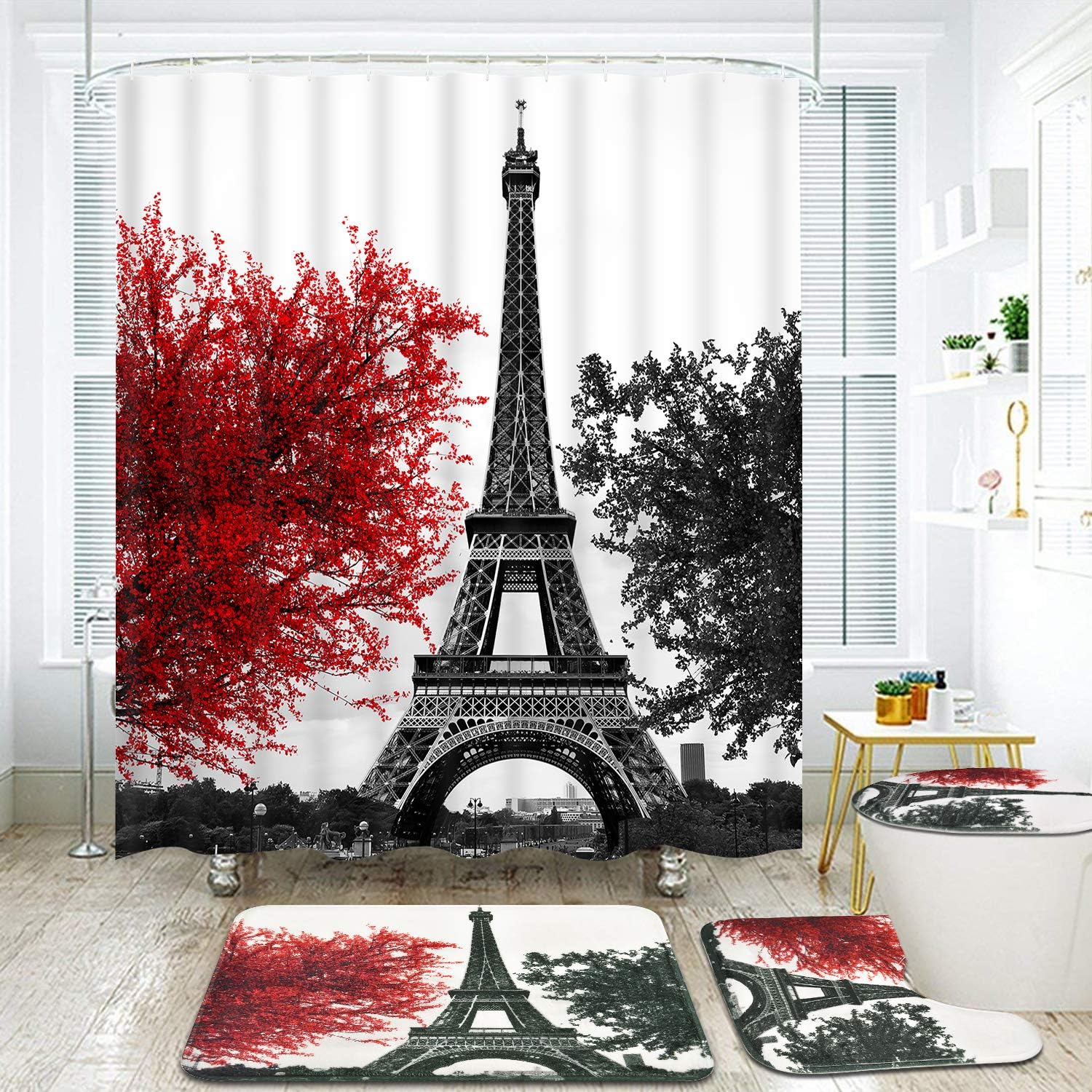 Romantic Vintage Paris Eiffel Tower Shower Curtain with Black and Red Art Tree Print