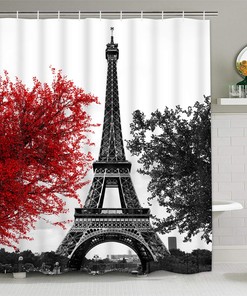 Romantic Vintage Paris Eiffel Tower Shower Curtain with Black and Red Art Tree Print