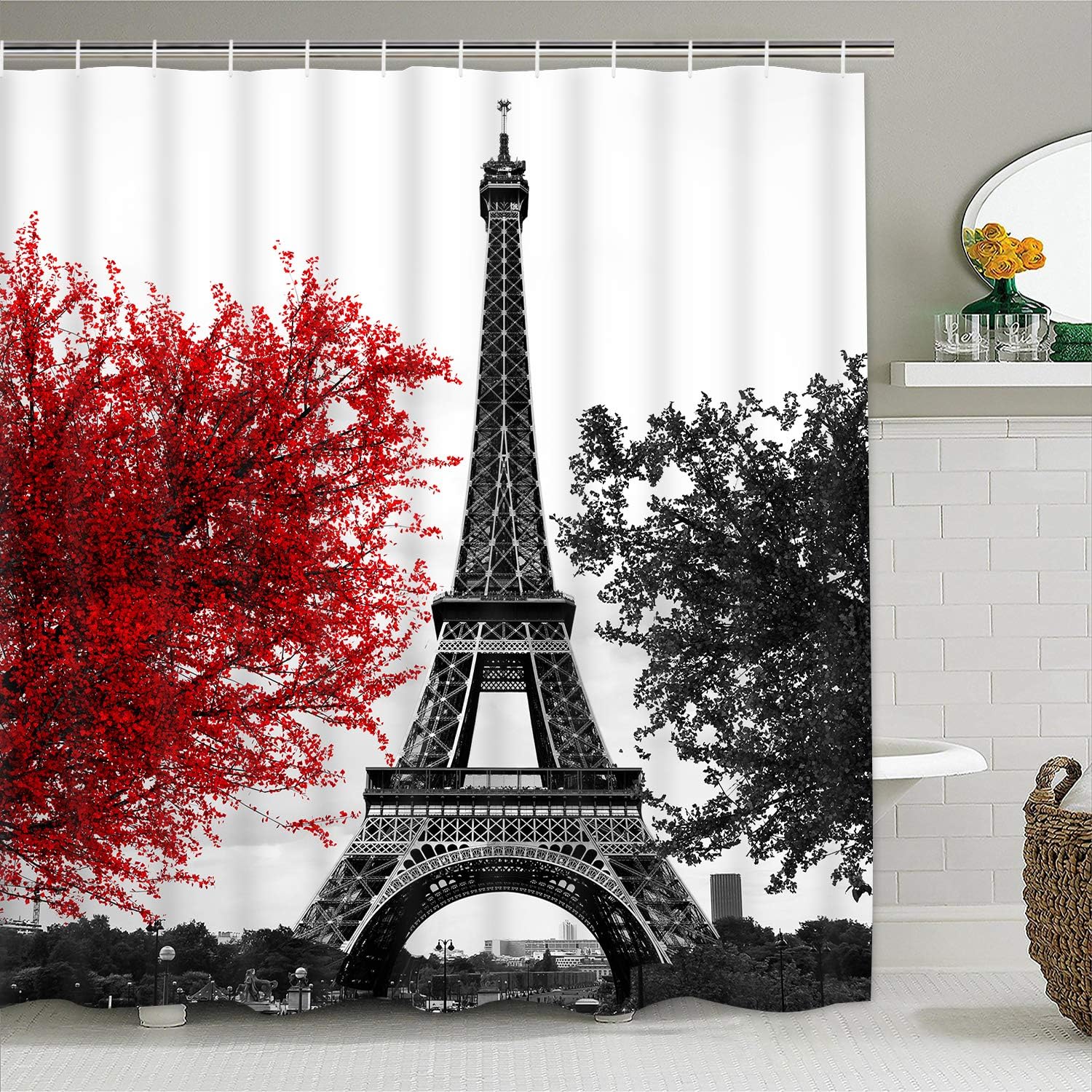 Romantic Vintage Paris Eiffel Tower Shower Curtain with Black and Red Art Tree Print