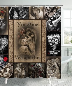 Romantic Wedding Skull Couple Sugar Skull Shower Curtain for Bathroom Decor on Halloween or Valentine's Day