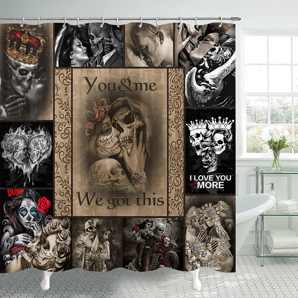 Romantic Wedding Skull Couple Sugar Skull Shower Curtain for Bathroom Decor on Halloween or Valentine's Day
