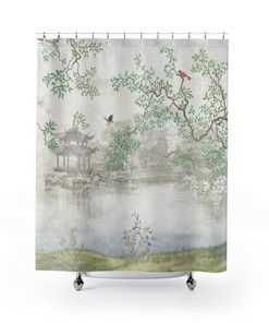 Romantic Zen Garden Landscape Chinoiserie Shower Curtain With Vintage Chinese Art Bathroom Accessory,