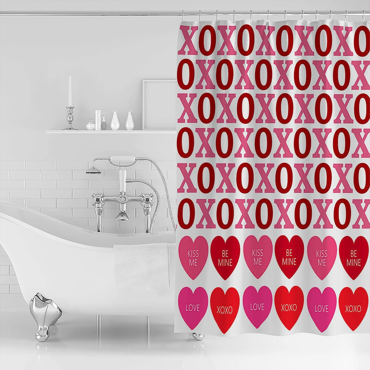 Romantic and Lovely Pink Heart-Shaped Shower Curtain with Rainbow Print for Your Bathroom
