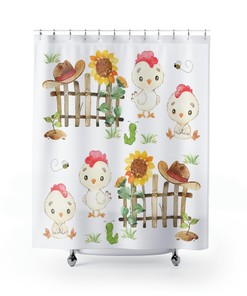 Rooster Sunflowers Bee Shower Curtain Farm Animals Kids Bathroom Decor