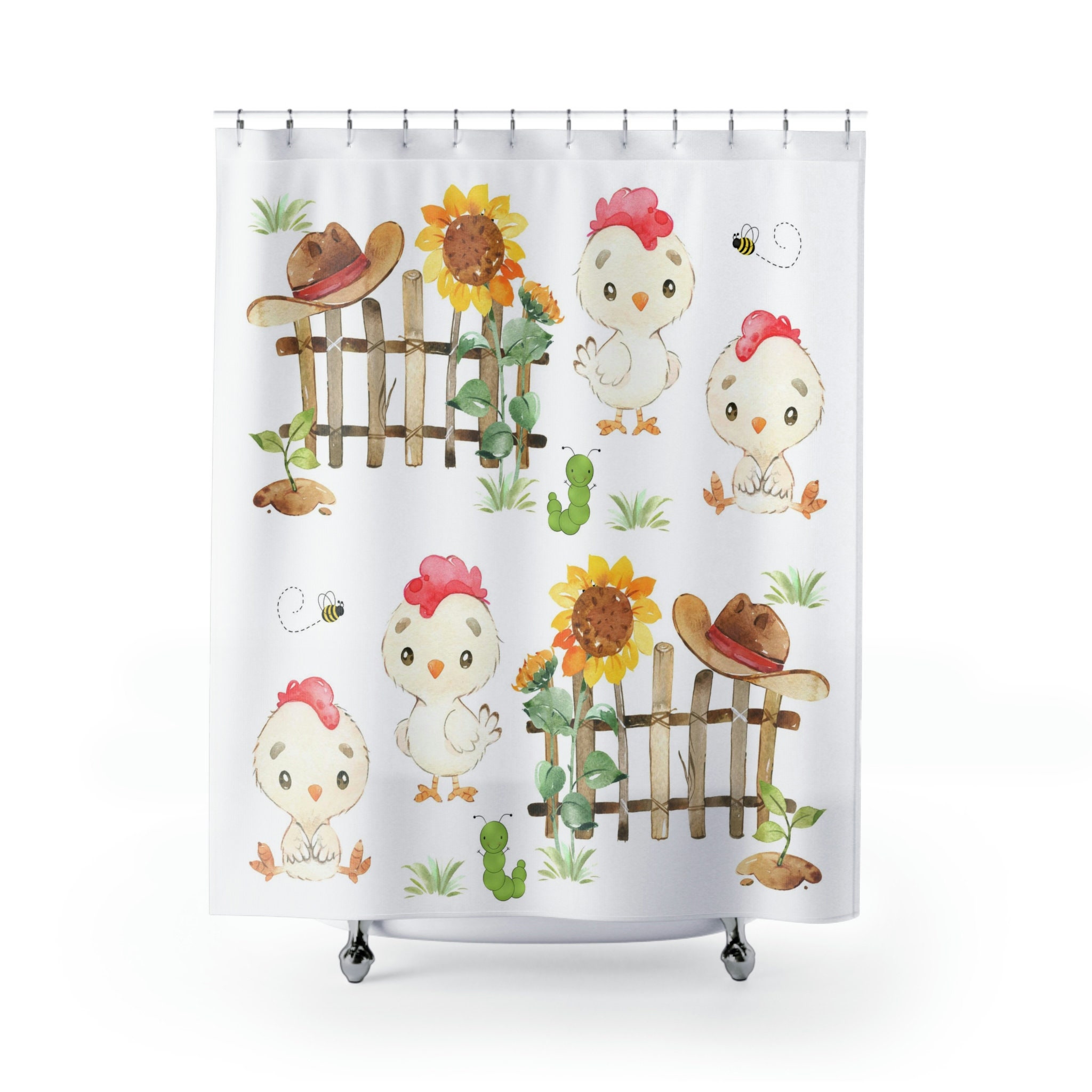 Rooster Sunflowers Bee Shower Curtain Farm Animals Kids Bathroom Decor