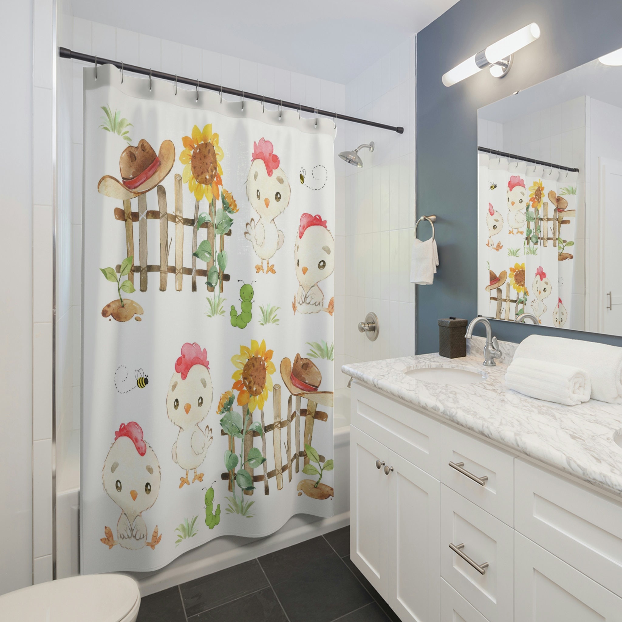 Rooster Sunflowers Bee Shower Curtain Farm Animals Kids Bathroom Decor