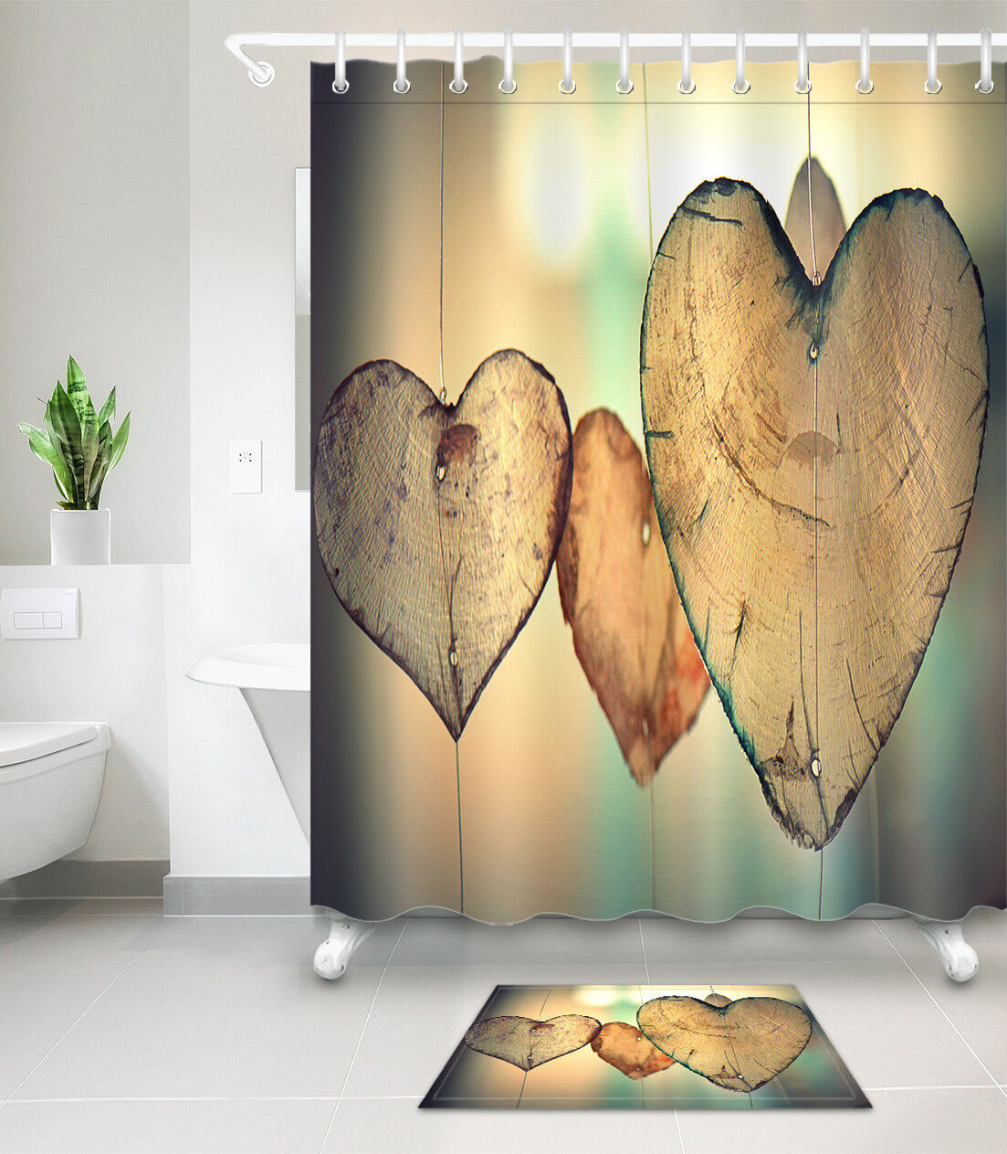 Rope Hanging Heart Red Shower Curtain Hook Bathroom Waterproof Fabric