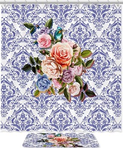 Rose And Hummingbird Print Shower Curtain, Waterproof Fabric Bathroom Decor