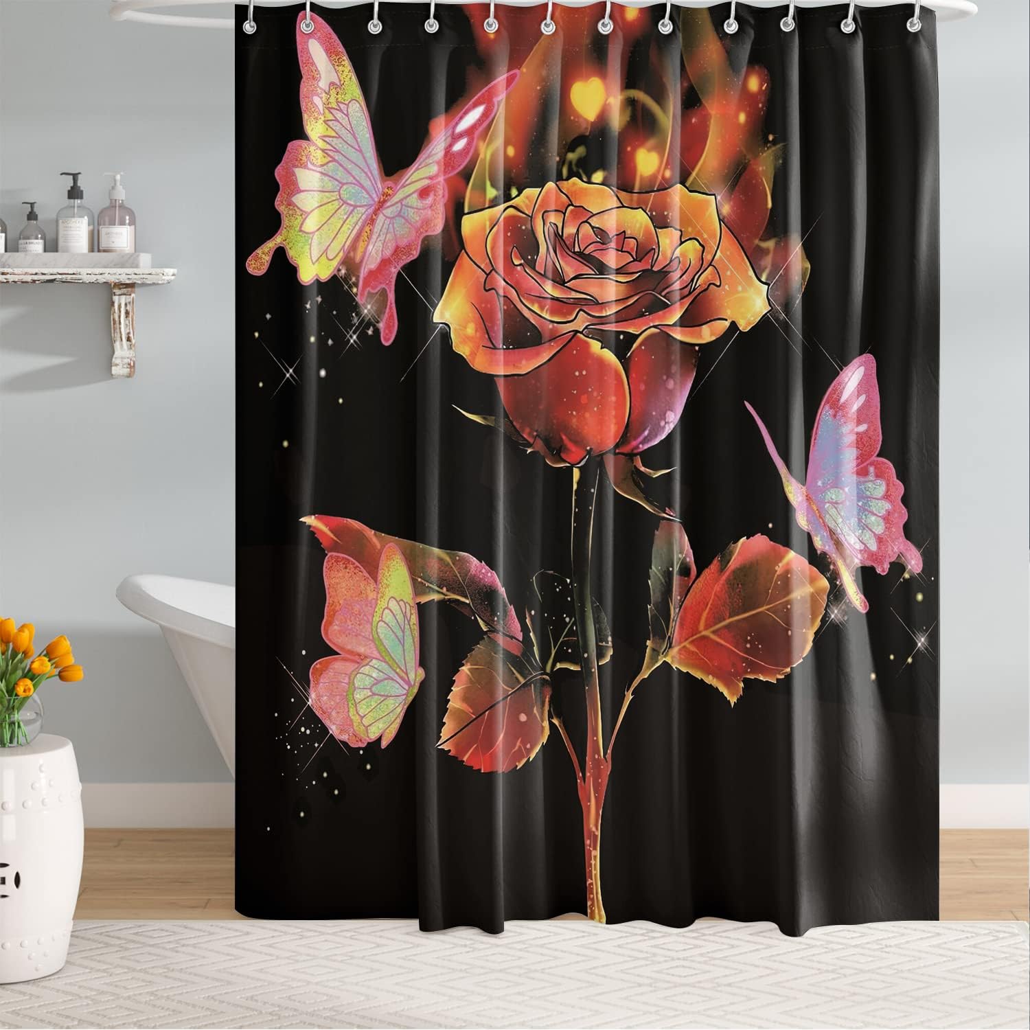 Rose Butterfly Black Gold Shower Curtain for a Luxurious Bathroom