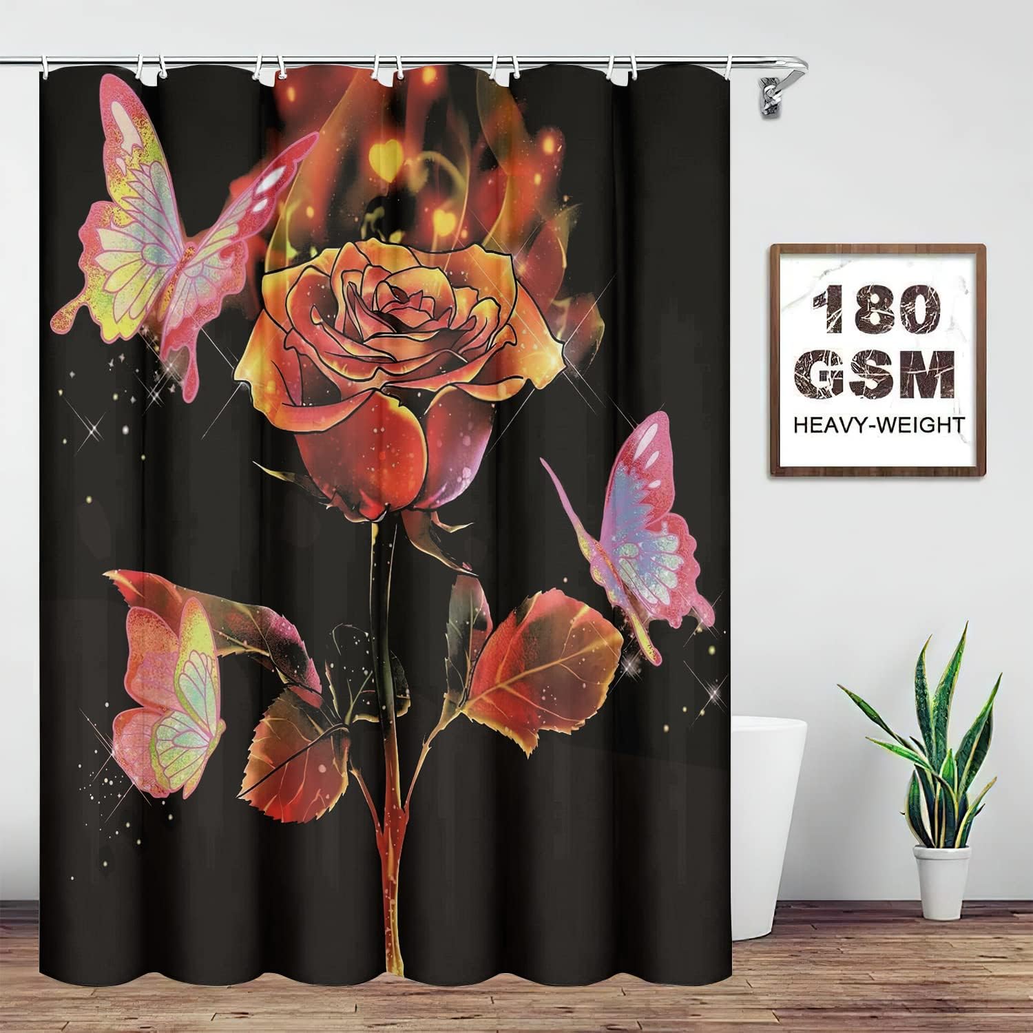 Rose Butterfly Black Gold Shower Curtain for a Luxurious Bathroom