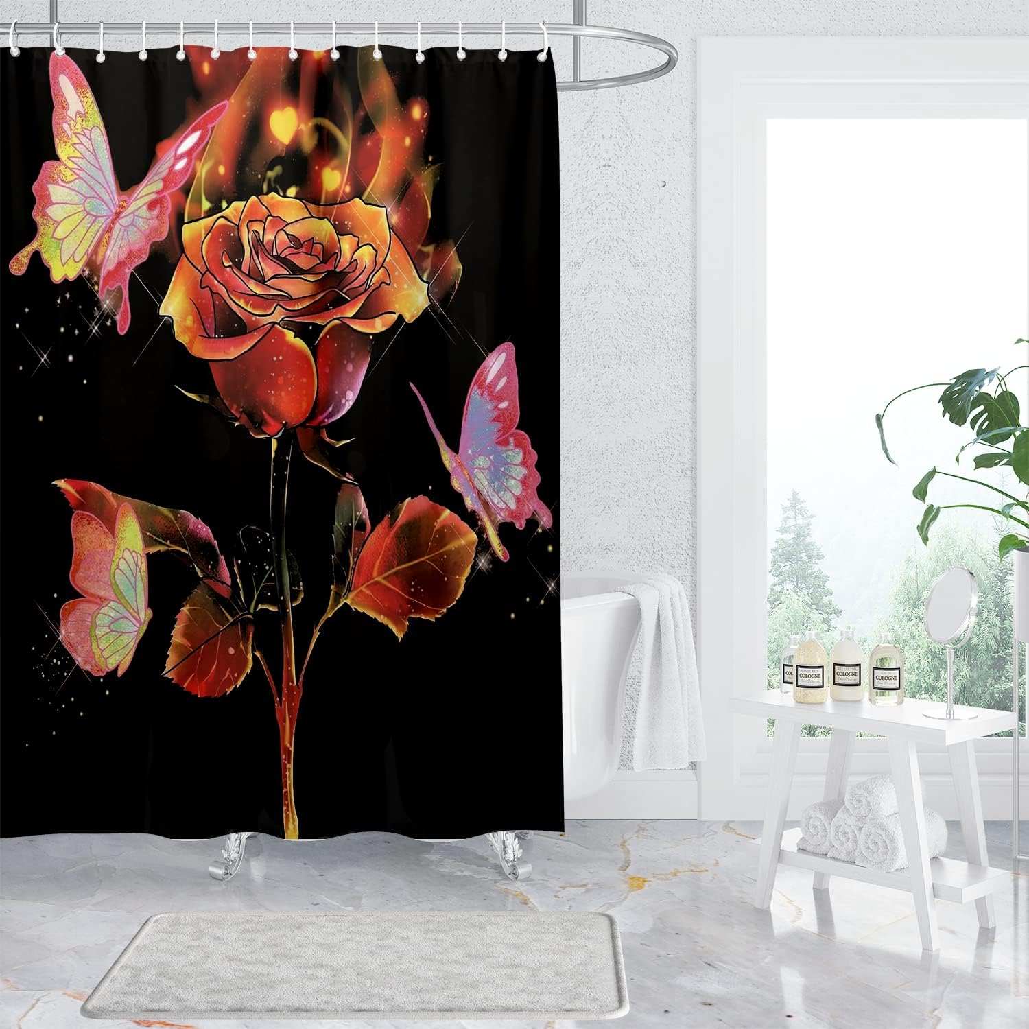 Rose Butterfly Black Gold Shower Curtain for a Luxurious Bathroom