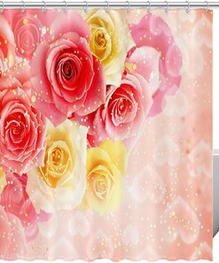 Rose Colored Flower Decor Fabric Shower Curtain for Feminine Bathroom