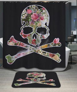 Rose & Cross Skull Skeleton Design Waterproof Fabric Shower Curtain Bundle Decorative 