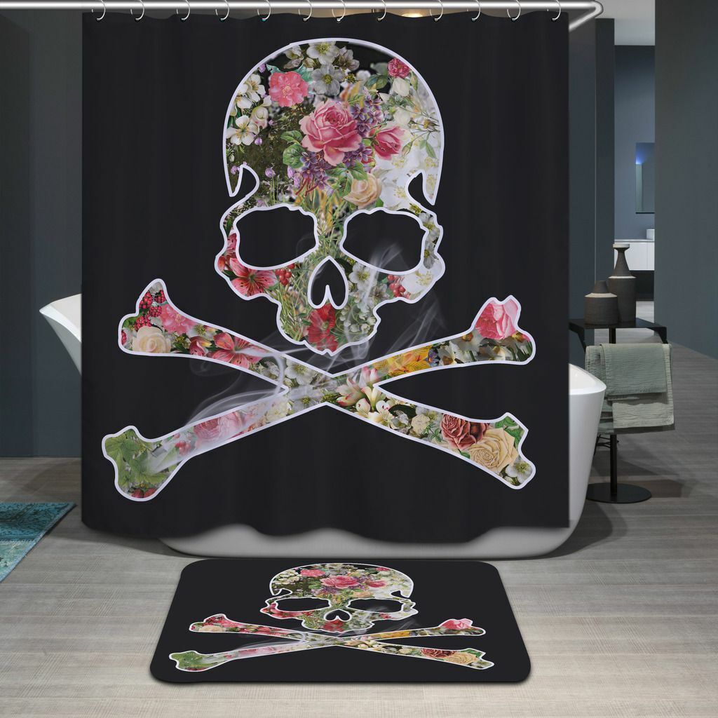 Rose & Cross Skull Skeleton Design Waterproof Fabric Shower Curtain Bundle Decorative