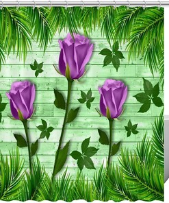 Rose Flower Grass Purple Fabric Shower Curtain for Bathroom Decor
