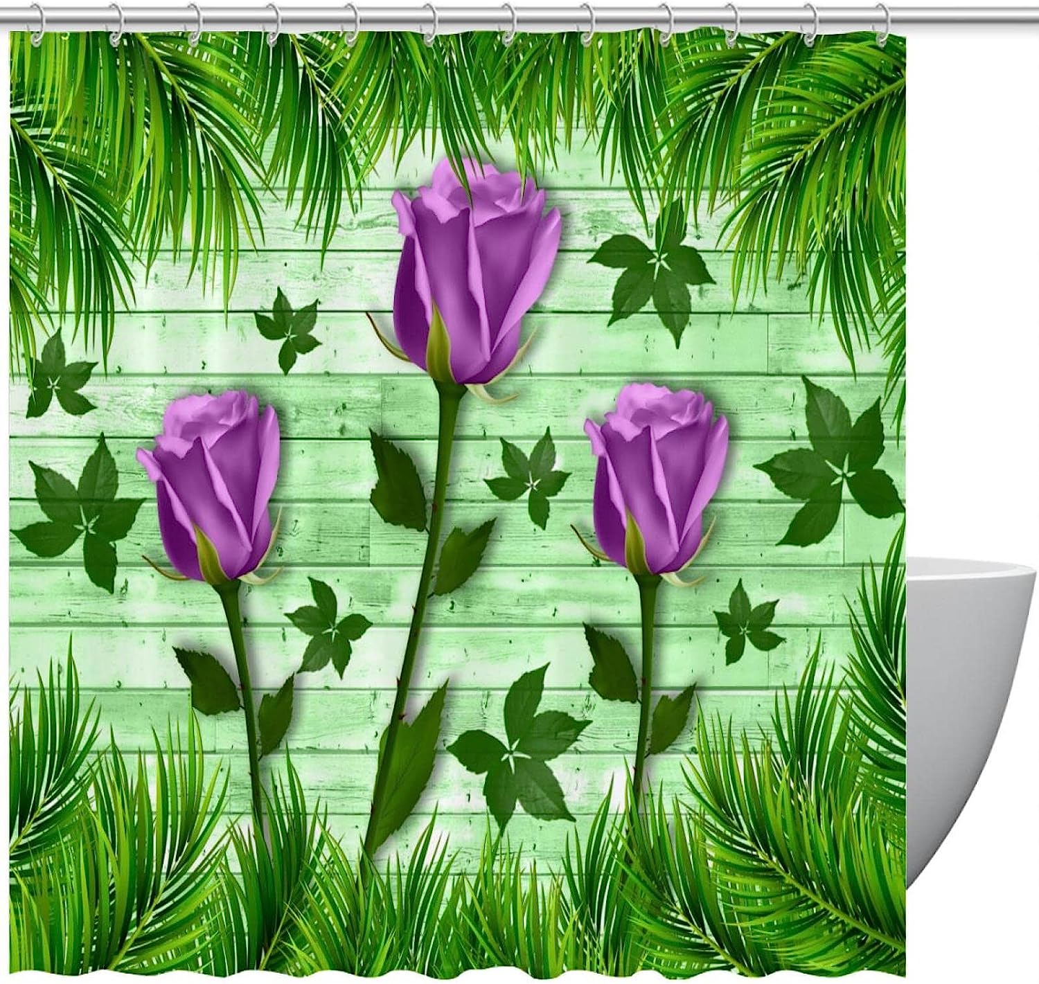 Rose Flower Grass Purple Fabric Shower Curtain for Bathroom Decor