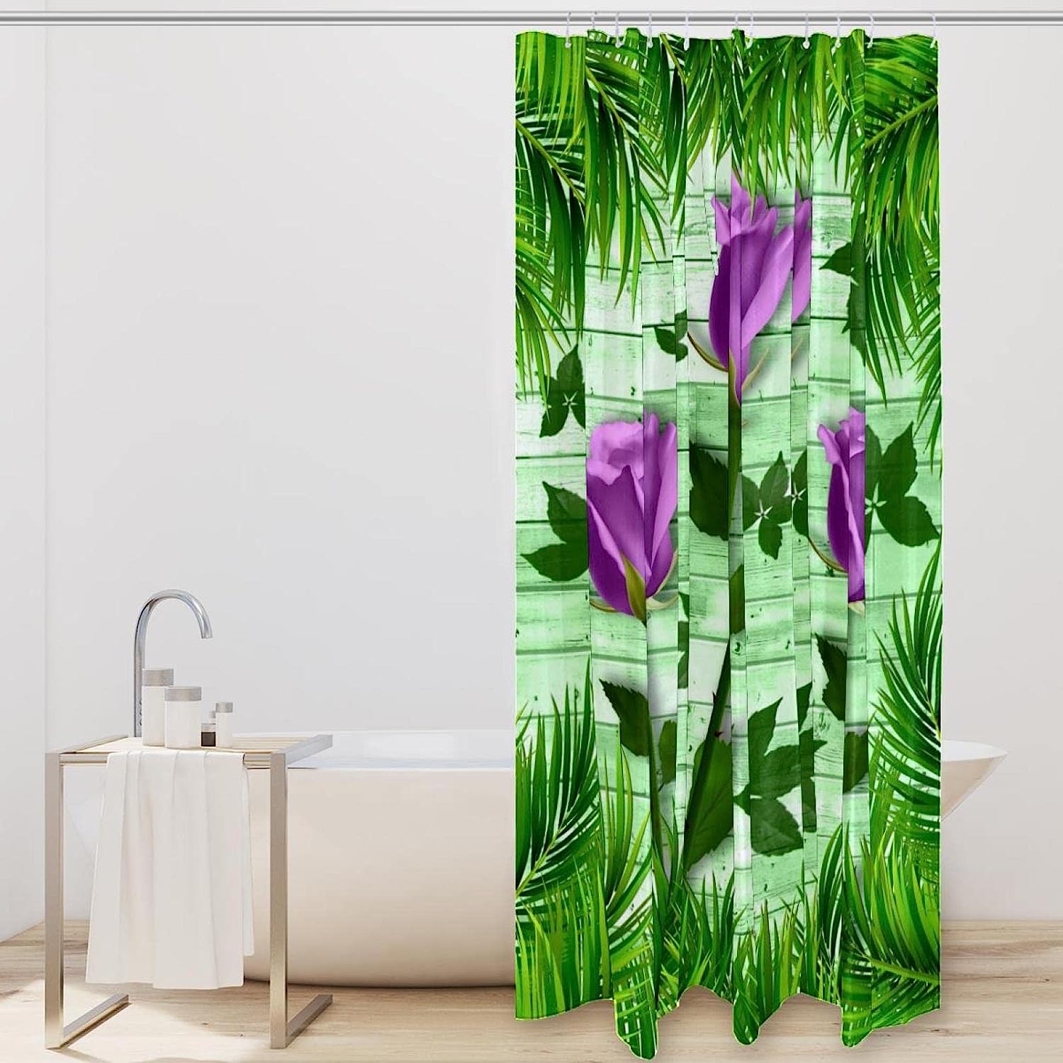 Rose Flower Grass Purple Fabric Shower Curtain for Bathroom Decor