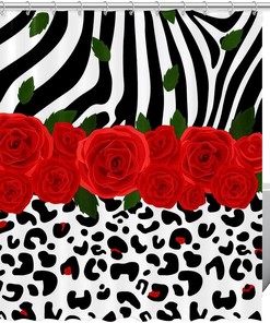 Rose Flower Zebra Leopard Print Fabric Shower Curtain for Bathroom Decor