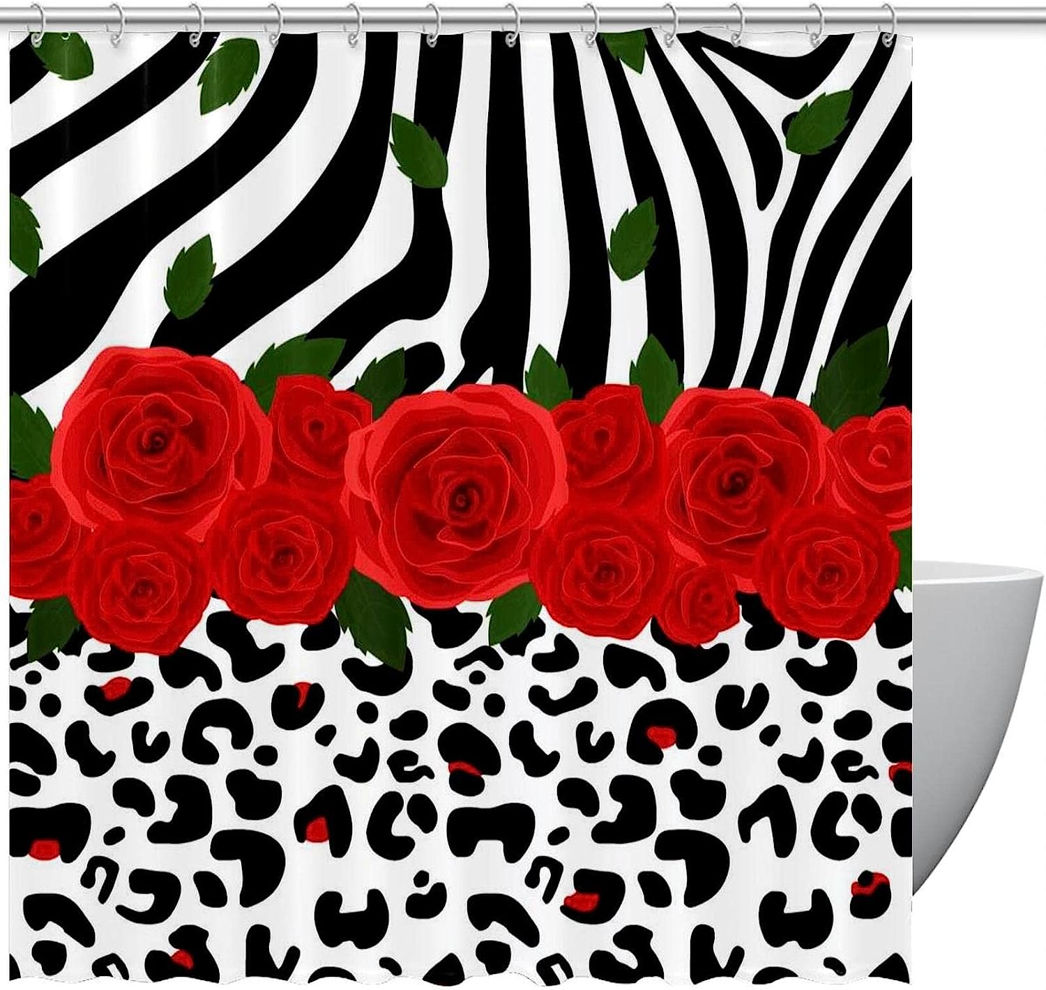 Rose Flower Zebra Leopard Print Fabric Shower Curtain for Bathroom Decor