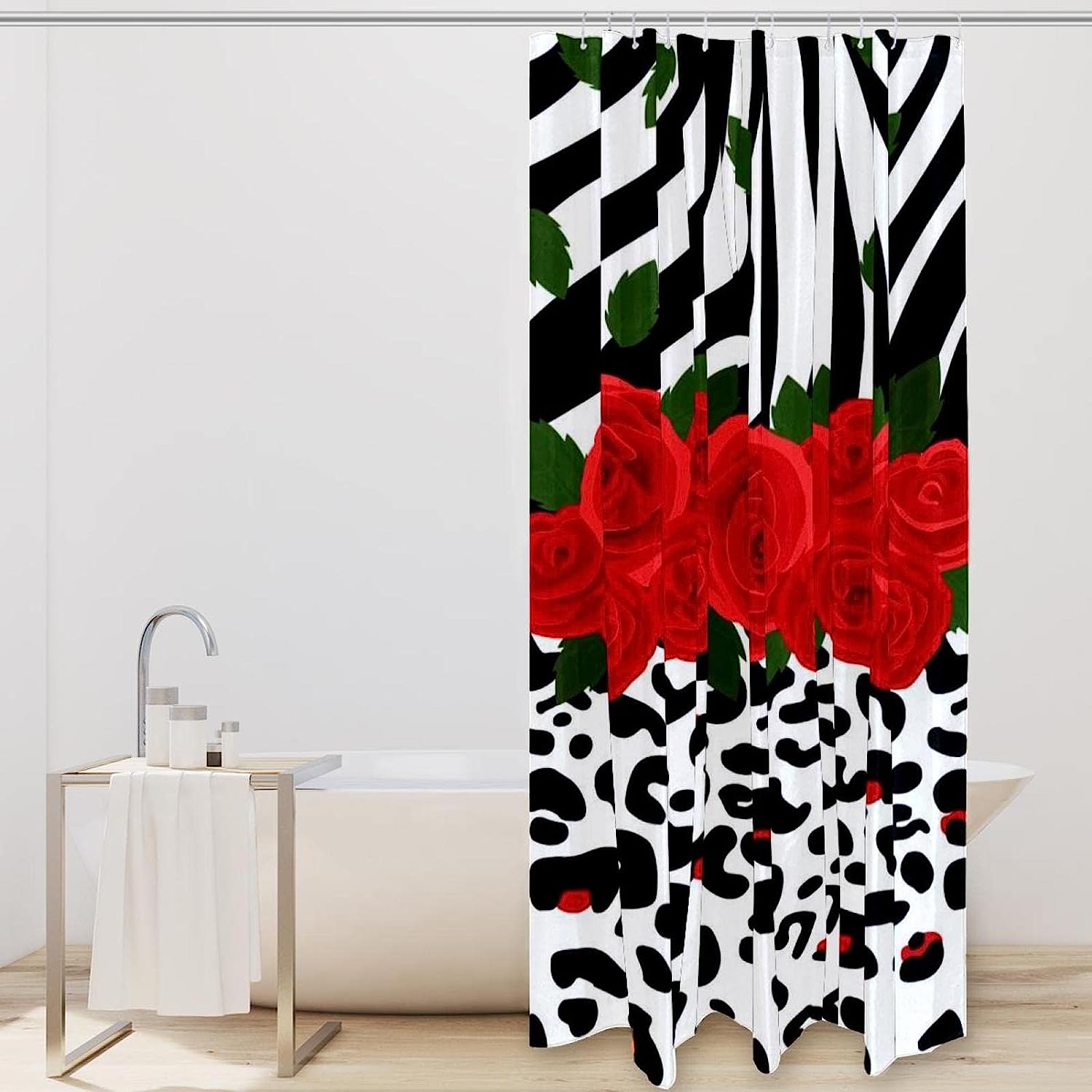 Rose Flower Zebra Leopard Print Fabric Shower Curtain for Bathroom Decor