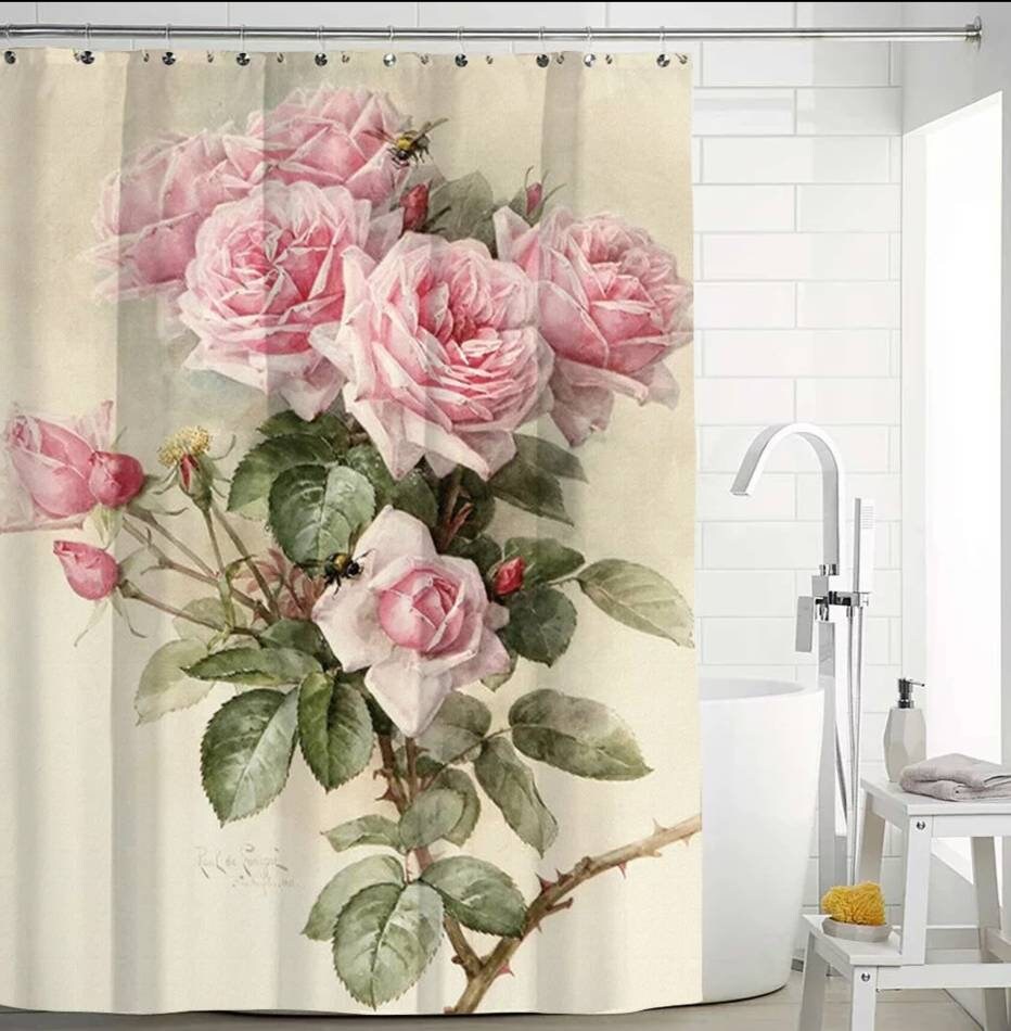 Rose Flowers Butterflies Shower And Bath Curtains With Beautiful Print, Invigorating Bathroom Decor - Image 4