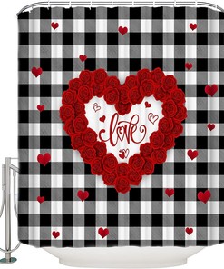 Rose Flowers Heart Black And White Buffalo Check Plaid Print Waterproof Fabric Shower Curtain For Bathroom