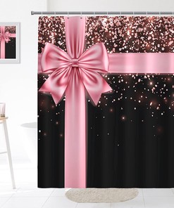 Rose Gold Glitter Bling Pink Bow Luxury Shower Curtain Set Waterproof Washable