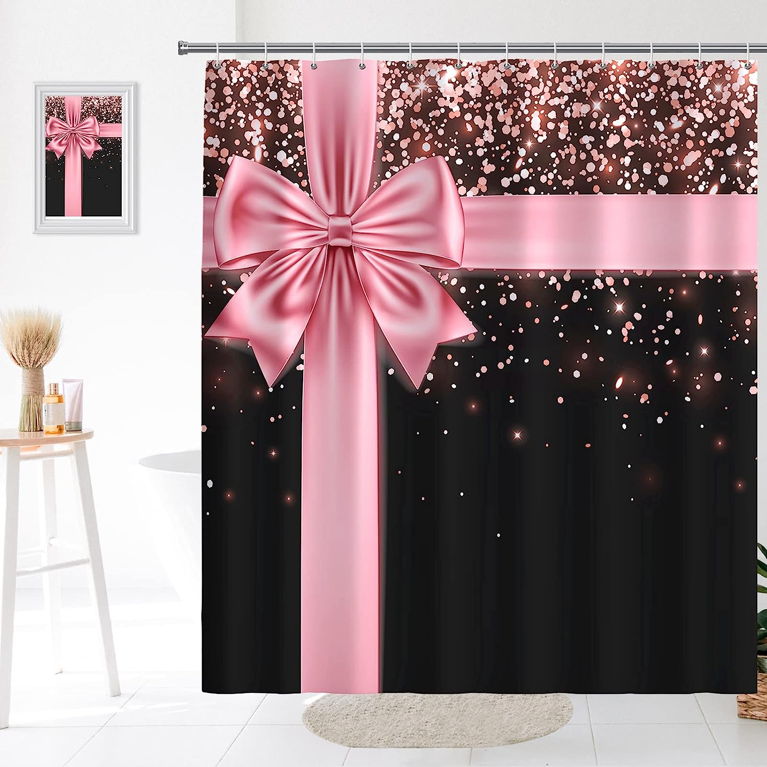 Rose Gold Glitter Bling Pink Bow Luxury Shower Curtain Set Waterproof Washable