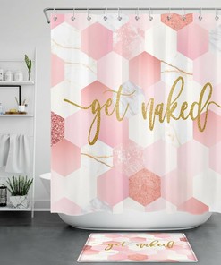Rose Gold Marble Geometric Pattern Shower Curtain With Inspirational Message, Perfect For The Bathroom