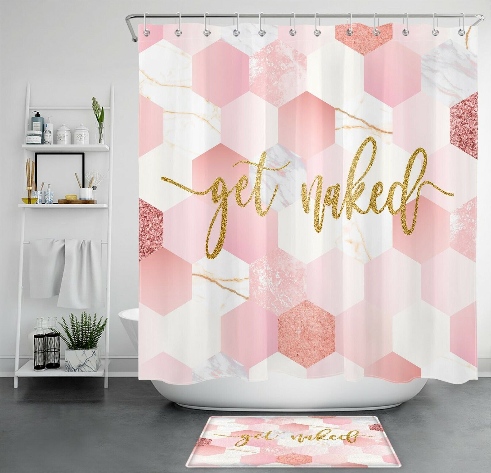 Rose Gold Marble Geometric Pattern Shower Curtain With Inspirational Message, Perfect For The Bathroom