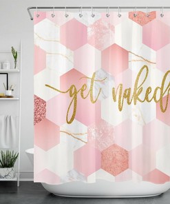 Rose Gold Marble Geometric Pattern Shower Curtain With Inspirational Message, Perfect For The Bathroom