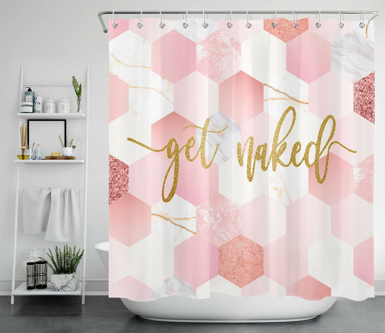 Rose Gold Marble Geometric Pattern Shower Curtain With Inspirational Message, Perfect For The Bathroom