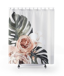 Rose Shower Curtain with Monstera and Watercolor Plant Print for Botanical Bathroom