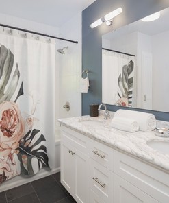 Rose Shower Curtain with Monstera and Watercolor Plant Print for Botanical Bathroom