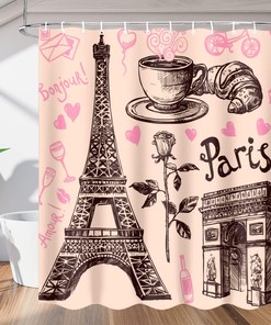 Rose Shower Curtain with Paris Eiffel Tower Design, Waterproof Bath Accessory for Bathroom 