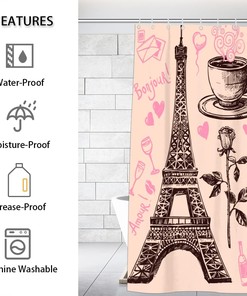Rose Shower Curtain with Paris Eiffel Tower Design, Waterproof Bath Accessory for Bathroom