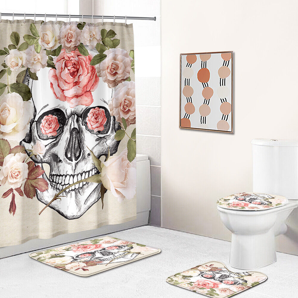 Rose Skull Fabric Shower Curtain - Vintage Flower Skull Bathroom Decor