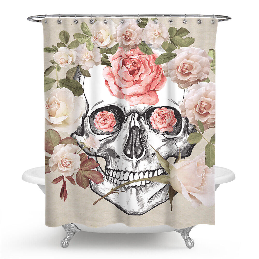 Rose Skull Fabric Shower Curtain - Vintage Flower Skull Bathroom Decor
